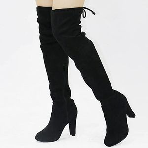 Black Faux Suede Over The Knee Adjustable Boots